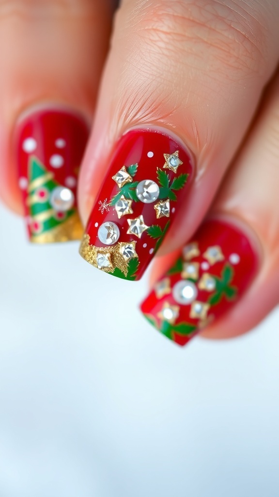 Short Christmas nails with red, green, and gold glitter, decorated with rhinestones.